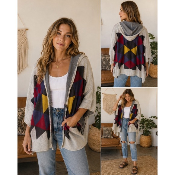 Billabong Sweaters - Billabong Hooded Poncho Cardigan Geometric Aztec Knit Wrap Oatmeal JV01DENC M/L